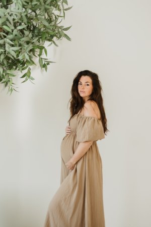 Beige Off Shoulder Maxi Jurk