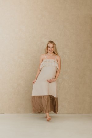 Twee Kleurige Maxi Jurk Beige Bruin
